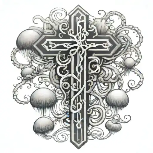 cross and jellyfish DNA double helix tattoo design idea