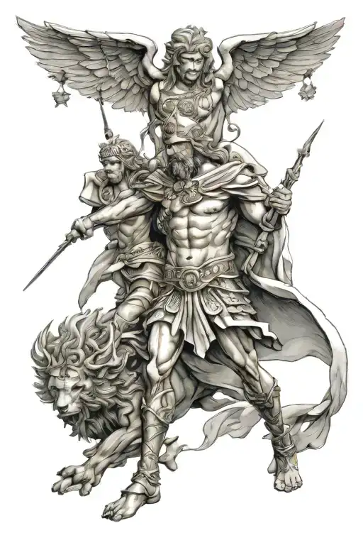 Greek gods and warriors with ornamentation tattoo design idea