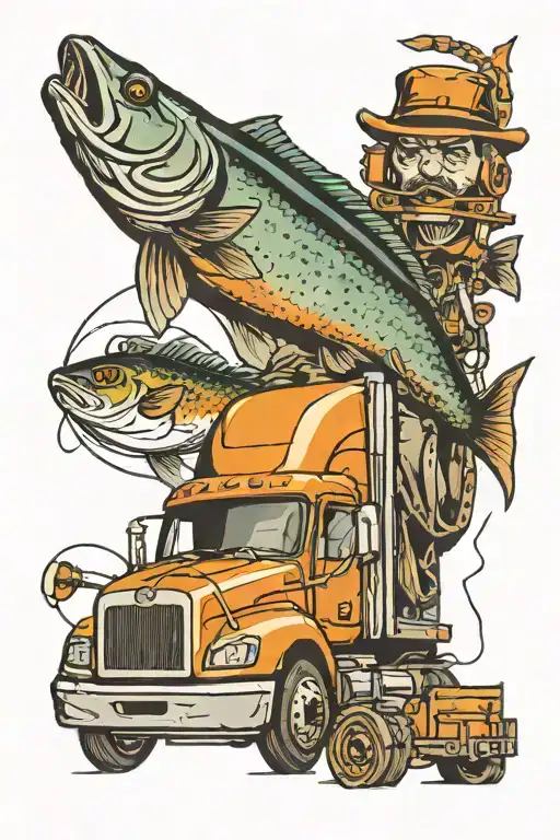 semi truck and fishing tattoo design idea