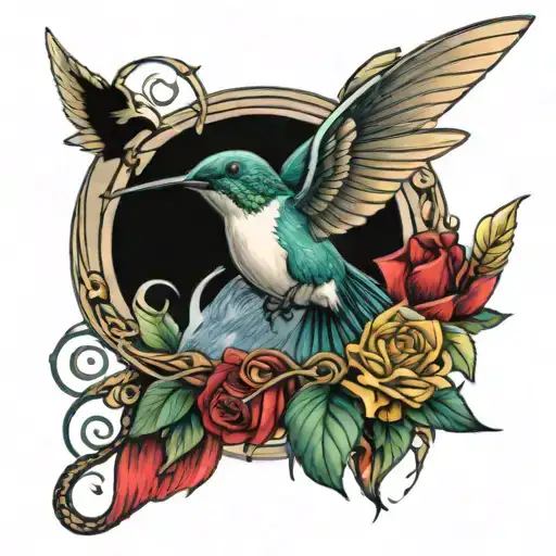 humming bird and airplane and fishing and horses tattoo design idea