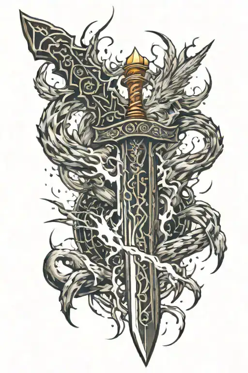 demon slayer sword surrounded by lightning bolt and fire with a quote saying "Set your Heart Ablaze" tattoo design idea