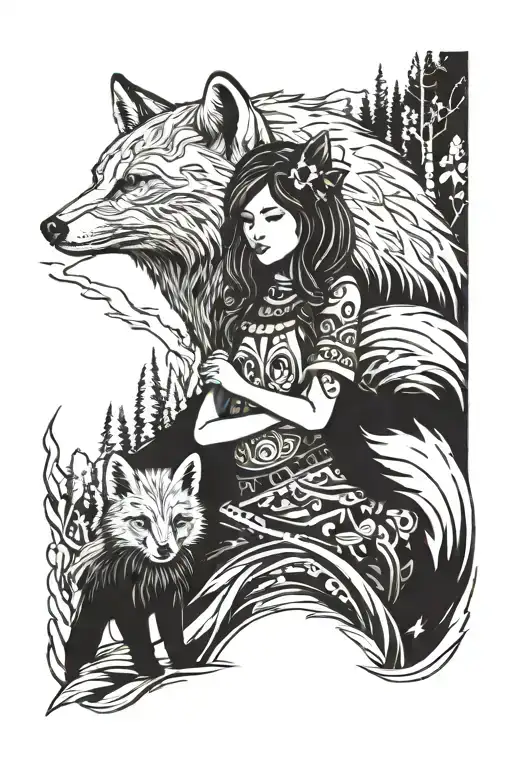 little fox girl with a bear cub in a mountain forest near a river tattoo design idea