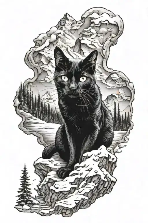Black cat with mountains full of snow tattoo design idea