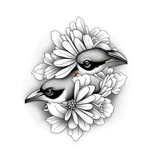 black and white three little birds with flowers. tattoo design idea