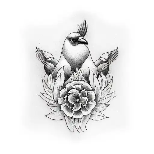 black and white floral tattoo with 3 birds. placement on rib cage. tattoo design idea