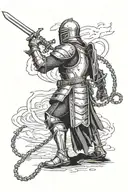 a knight in a full-length combat stance in armor, on his shoulder and right up to his hands hangs a chain at the end wit tattoo design idea