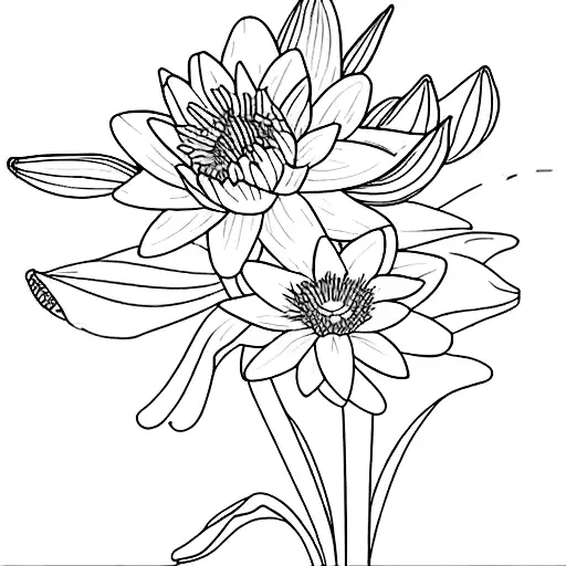 daffodil, waterlily, violet, and chrysanthemum bouquet tattoo design idea