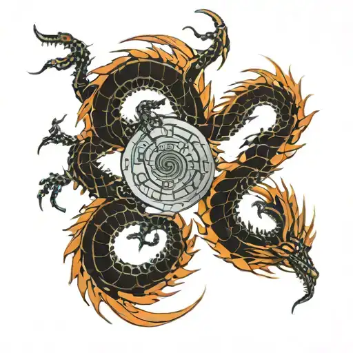 draw me an arm tattoo of a dragon merged with the Mayan calendar that spirals around the arm  tattoo design idea