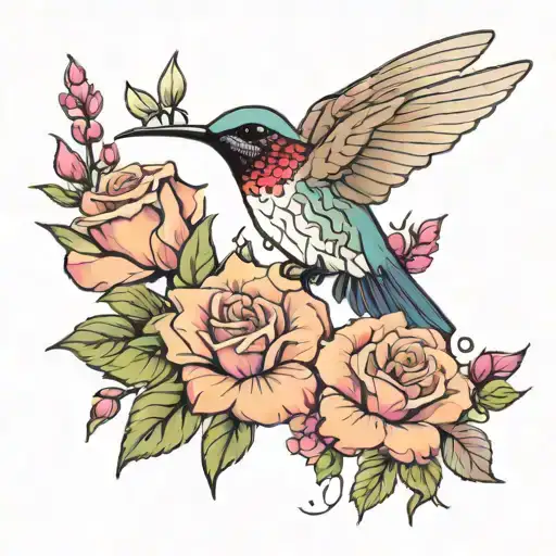 humming bird with roses, lilac, lavender, fireweed tattoo design idea