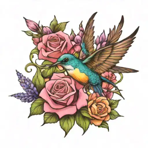 bumming bird with roses, lilac, lavender, fireweed tattoo design idea