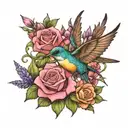bumming bird with roses, lilac, lavender, fireweed tattoo design idea