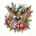 bumming bird with roses, lilac, lavender, fireweed tattoo design idea