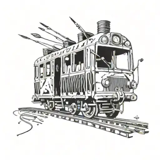 A surrealistic depiction of a train made out of needles and spoons, inspired by the movie 'Trainspotting' tattoo design idea