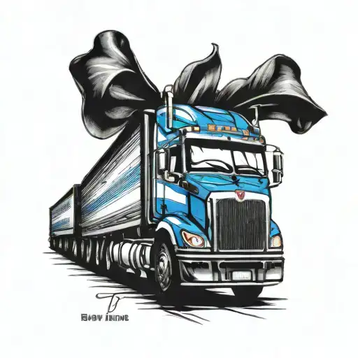 blue ribbon wrapped around front view 18 wheeler   tattoo design idea