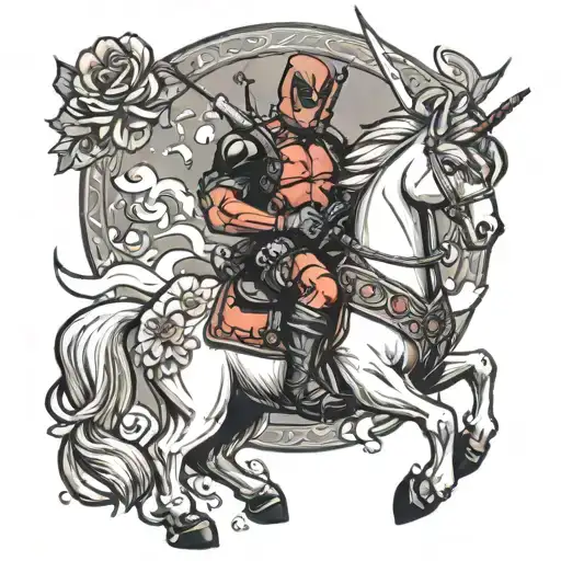 Deadpool riding a unicorn  tattoo design idea