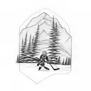 Incorporate elements of nature, like trees and mountains, into a sketch-style tattoo of a hockey player, representing your love for family, nature, and hockey. tattoo design idea