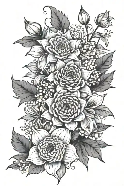 chrysanthemum, daffodil, water lily, lily of the valley, garnation, and rose traditional style  tattoo design idea