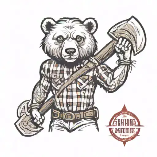Human body, bear head. Muscular. Holding an axe over the shoulder, lumberjack-style. Black and red flanell shirt.  tattoo design idea