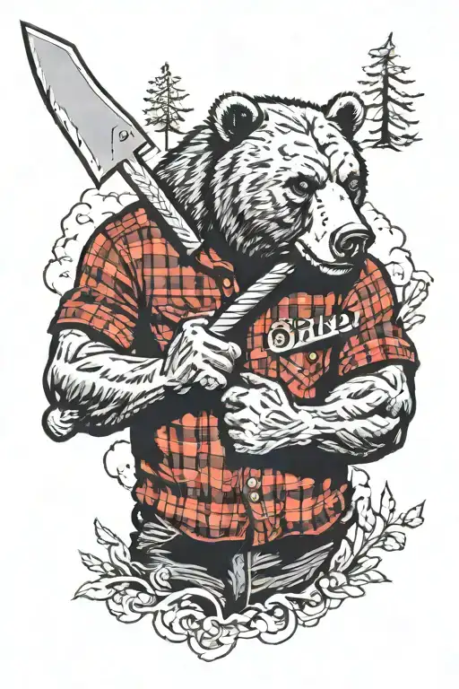Human body. Bear head. Holding axe. Muscular. Black and red flanell shirt. Artsy, nature.  tattoo design idea