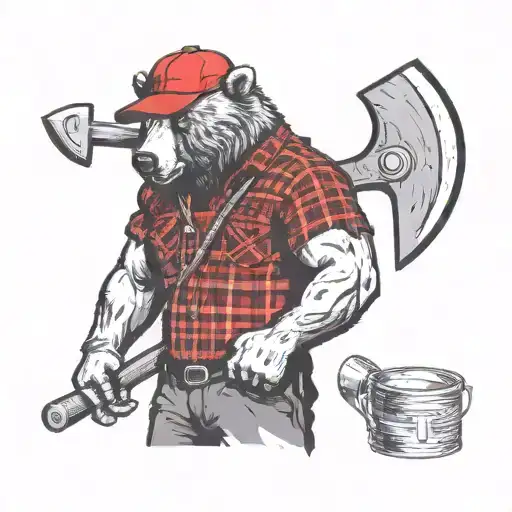 Human body, bear head. Muscular. Holding an axe over the shoulder, lumberjack-style. Black and red flanell shirt.  tattoo design idea