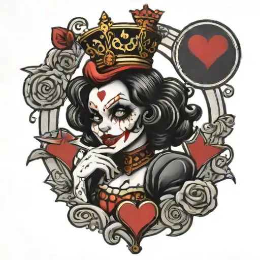 queen of hearts with crazy gothic clown tattoo design idea