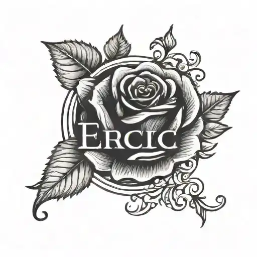 The name Eric with one rose infront of the name tattoo design idea