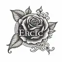 The name Eric with one rose infront of the name tattoo design idea