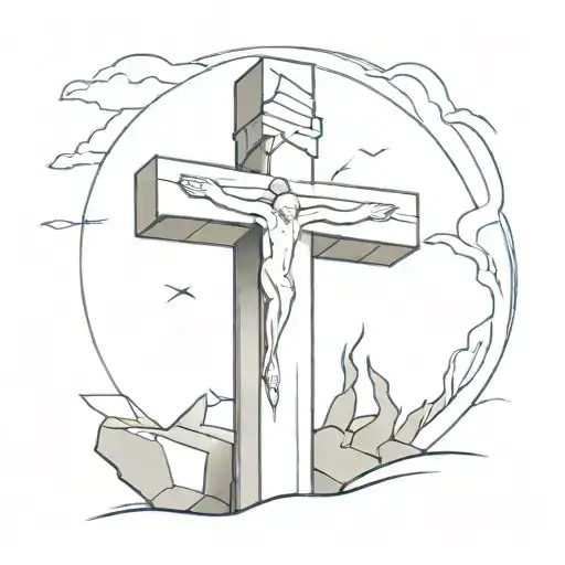 Cross that Jesus died on next to his tomb with stone rolled away tattoo design idea