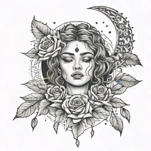 a girl like sun standing and good body and beautiful eyes an eyebrows with rose in hand and a half moon necklace  tattoo design idea