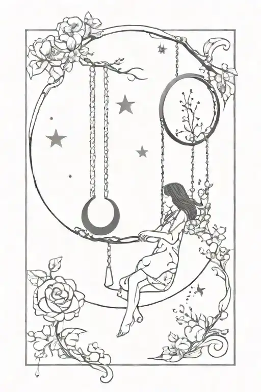 crescent moon with star inside, flowers intertwined growing on it, & a swing hanging down with the silhouette of 2 girls tattoo design idea