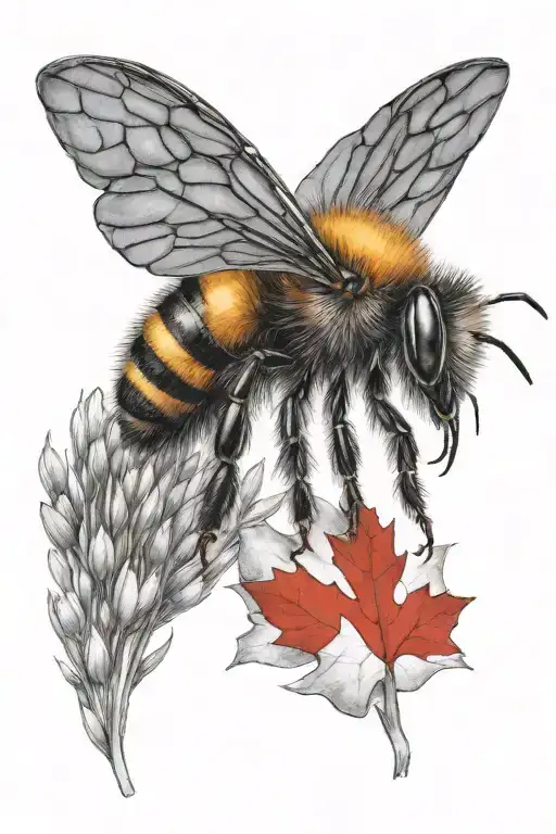 A blackwork tattoo of a bee with the Canadian flag incorporated into its wings, set against a backdrop of the prairies tattoo design idea