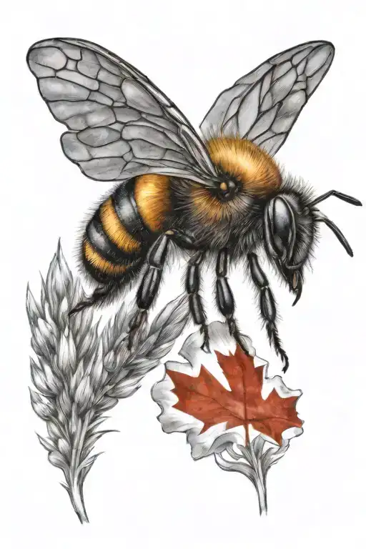 A blackwork tattoo of a bee with the Canadian flag incorporated into its wings, set against a backdrop of the prairies tattoo design idea