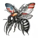 A blackwork tattoo of a bee with the Canadian flag incorporated into its wings, set against a backdrop of the prairies tattoo design idea