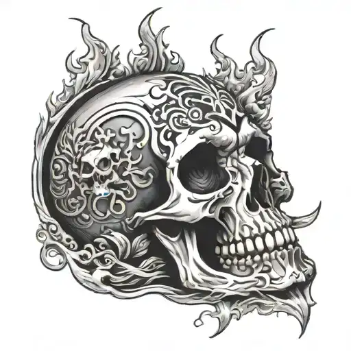 A dark art piece showcasing a skull surrounded by flames and money symbols tattoo design idea