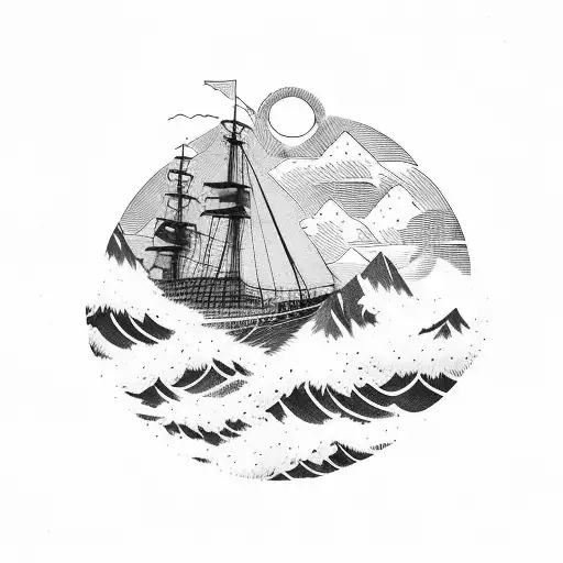 mountains sea ship storm tattoo design idea