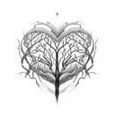 a tree with roots that spell out the word "strength" and branches form heart tattoo design idea