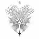 a tree with roots that spell out the word "strength" and branches form heart tattoo design idea