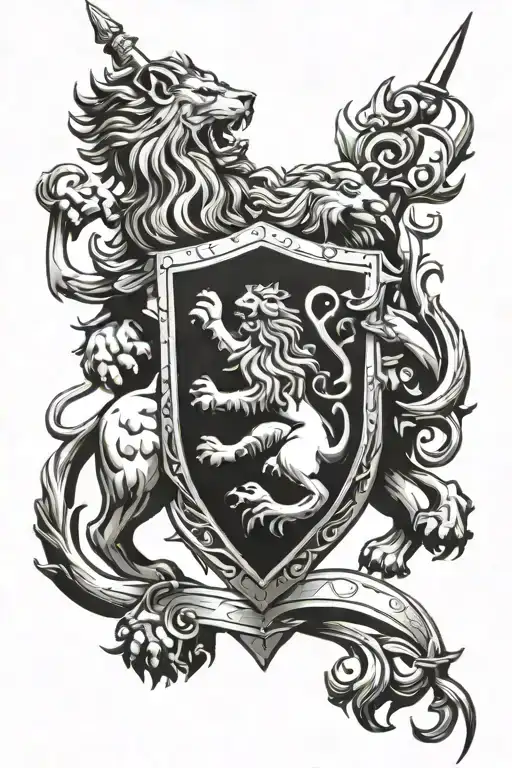 mediaeval shield lion fighting lion 3 swords  tattoo design idea