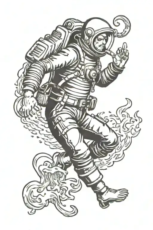 aquanaut under water taking step forward and reaching for something above seaweed behind him dark colours tattoo design idea