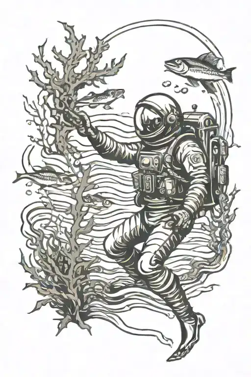 aquanaut under water taking step forward and reaching for something in distance seaweed in background dark colours tattoo design idea
