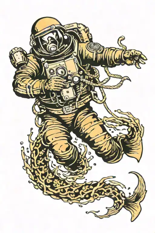 aquanaut under water taking step forward and reaching for something in distance long seaweed in background dark colours tattoo design idea