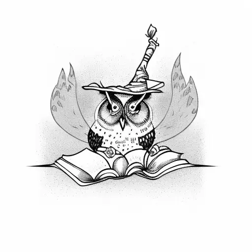 An owl reading a book with a witch's hat on tattoo design idea