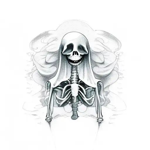 cute ghost shedding its skeleton, white back ground, --no skin tattoo design idea