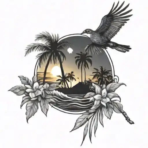 sunrise over ocean with palm trees and a bird over with forget me nots flowers tattoo design idea