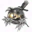 sunrise over ocean with palm trees and a bird over with forget me nots flowers tattoo design idea