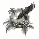 sunrise over ocean with palm trees and a bird over with forget me nots flowers tattoo design idea