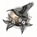 sunrise over ocean with palm trees and a bird over with forget me nots flowers tattoo design idea