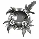 sunrise over ocean with palm trees and a bird over with forget me nots flowers tattoo design idea