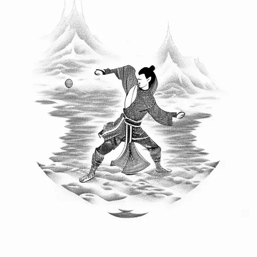An astral traveler practicing kungfu on a riverbank tattoo design idea