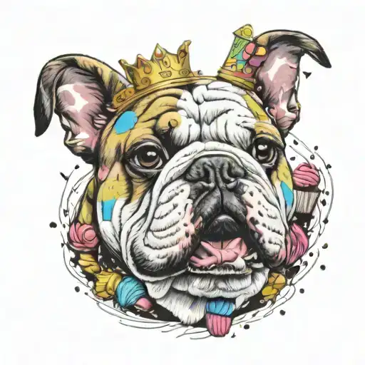 A realistic portrait of a bulldog wearing a crown made of cupcakes, surrounded by colorful music notes tattoo design idea
